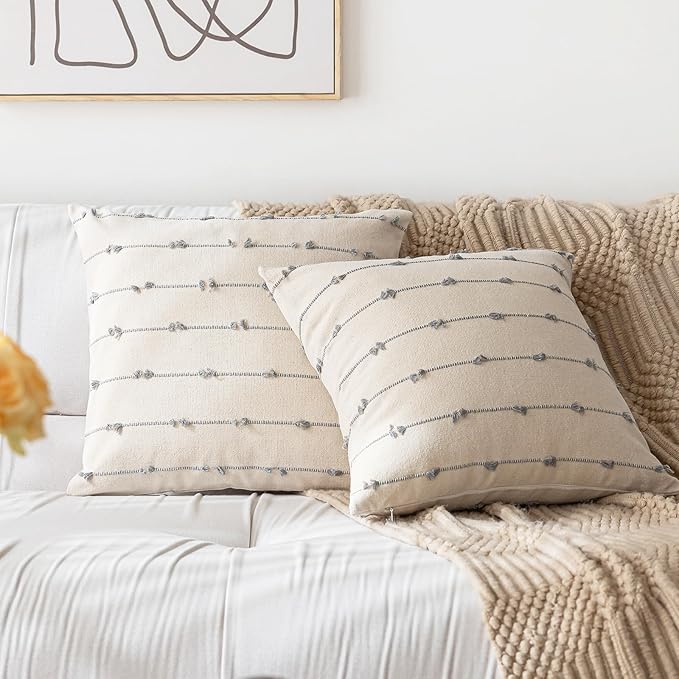 Boho Throw Pillow Covers 20x20 Set of 2 Modern Farmhouse Decorative Cushion Case Tufted Linen Square Pillows Cover Neutral Pillow Cases Accent Pillowcase for Sofa,Couch,Bed,Beige and Grey