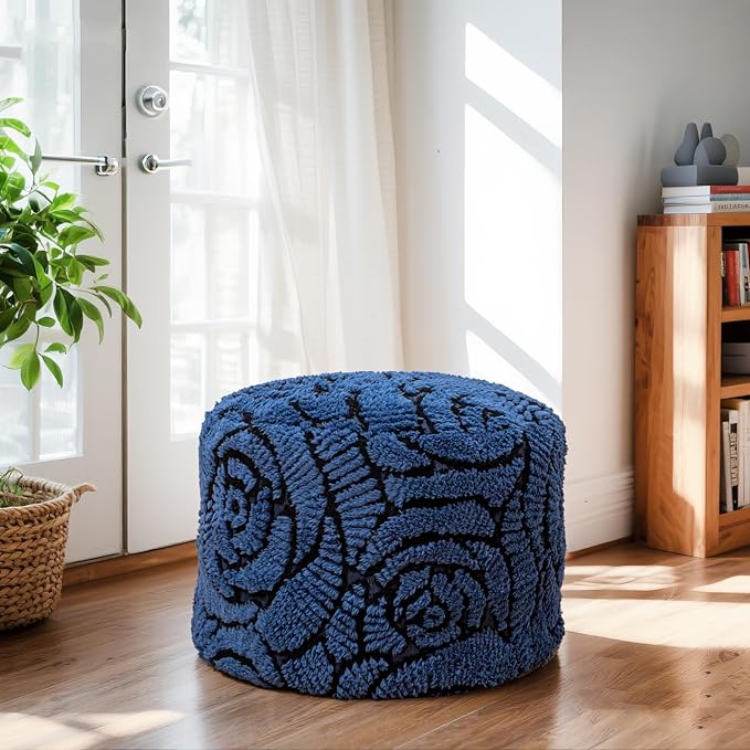 Asuprui Fluffy Flower Pouf Ottoman Cover Only – 20"x14" Round Plush Fuzzy Pouf Shell for Footrest, Stool or Floor Seat, Soft Removable Home Decor (No Insert Included) (Navy Blue)