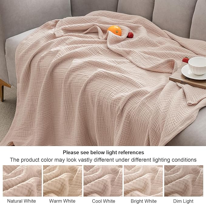 PHF 100% Cotton Muslin Blanket Queen Size 90"x90", 4-Layer Lightweight Gauze Throw, Breathable Cloud-Soft Minimalist Blanket for Bed, Couch, Camping & Baby, Dusty Pink, Ideal Gift