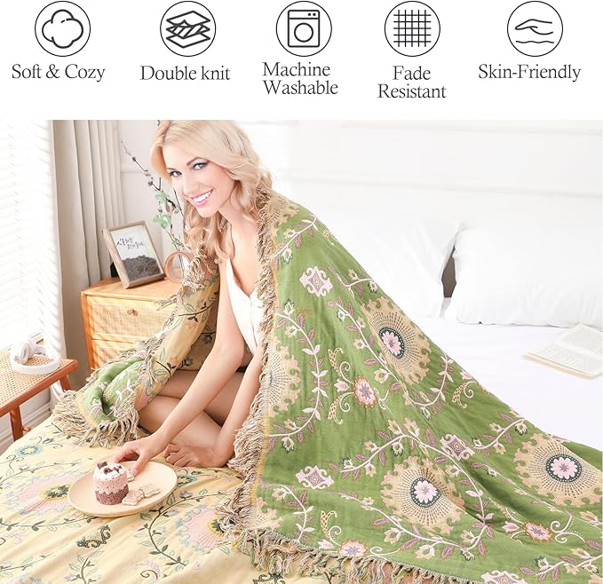 Snycler Boho Throw Blanket 80"x90" - 100% Cotton Ultra Soft Rustic Quilt, Green Floral Printed Farmhouse Decor for Bed, Sofa, Couch, Chair - All Season Cozy Blanket