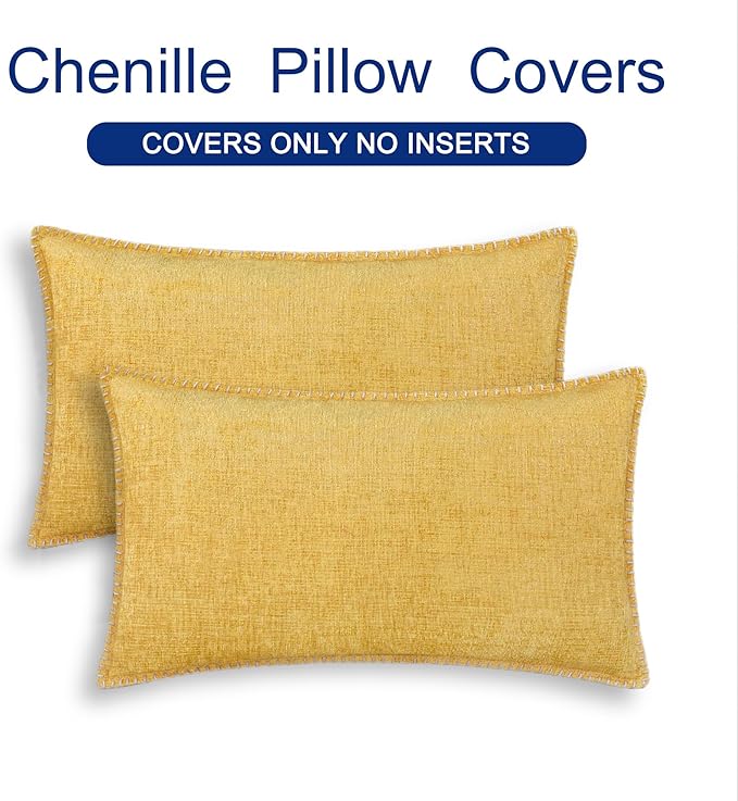 CaliTime Throw Pillow Covers Decorative 12 X 20 Inches Pack of 2 Cotton Thread Stitching Edges Solid Dyed Soft Chenille Cushion Cases for Couch Sofa Bed Living Room Farmhouse Gold