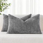 decorUhome Chenille Dark Grey Throw Pillow Covers 12x20 Inch Set of 2, Decorative Soft Couch Pillow Covers Solid Dyed Accent Velvet Farmhouse Neutral Rectangle Pillow Cases for Sofa Bed Living Room
