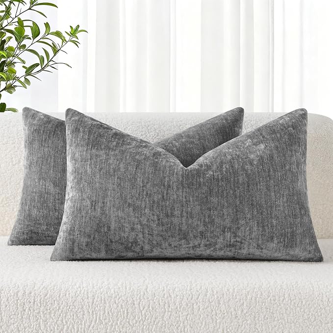 decorUhome Chenille Dark Grey Throw Pillow Covers 12x20 Inch Set of 2, Decorative Soft Couch Pillow Covers Solid Dyed Accent Velvet Farmhouse Neutral Rectangle Pillow Cases for Sofa Bed Living Room