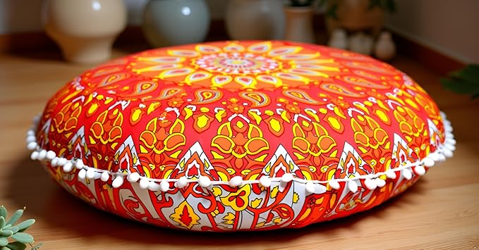 CRAFT KALA 22" Mandala Meditation Floor Pillows Cover Pouf Cover Round Seating Bohemian Mandala Cotton Floor Cushion Cover Outdoor Fireplace Seating Living Room Yoga Room Home Décor (Orange Flower)