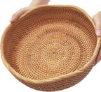 11.2" Large Wave Rattan Wicker Bread Basket, Natural Fruit Basket for Kitchen Counter, Hand Woven Food Baskets, Artisanal Bread Baskets for Serving, Fruit, Vegetable, Candy, Nuts, Keys, Wallets, Etc.