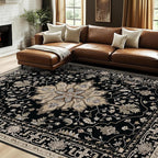 Area Rugs 7'x10' Washable Non-Slip, Floral Vintage Distress Print Pattern Medallion Carpet for Living Room Bedroom Dining Room, Black Brown Neutral Dark Tan