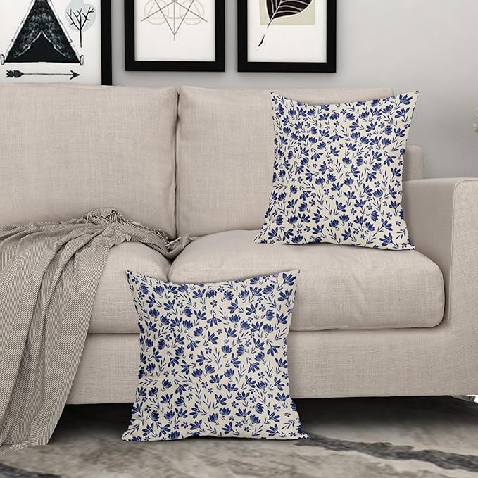 Navy Blue Floral Pillow Covers 20x20 Set of 2 Vintage Rustic Old Style Cute Small Flower Blue Cream Print Decorative Outdoor Pillowcases Farmhouse Throw Cushion Case Decor for Couch Sofa Bed