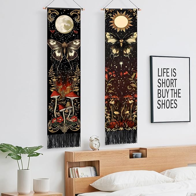 AOHMPT Pack of 2 Long Vertical Tapestry,Nature Landscape Tapestry with Serene Mountain River, Moon & Sun Motifs,Traditional Ink Painting Wall Art , Zen Aesthetic Wall Hanging for Living Room Bedroom Decor 13" W x 51" H"