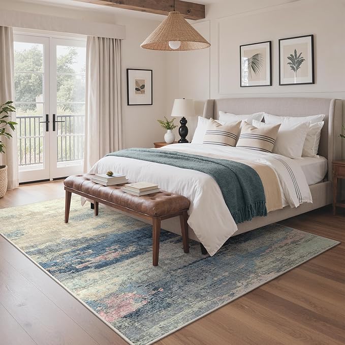 GENIMO 5X7 Washable Modern Area Rugs for Living Room, Non-Slip Low Pile Chenille Print Rug, Soft Rugs for Bedroom Dining Room Home Office, Dusk Tide