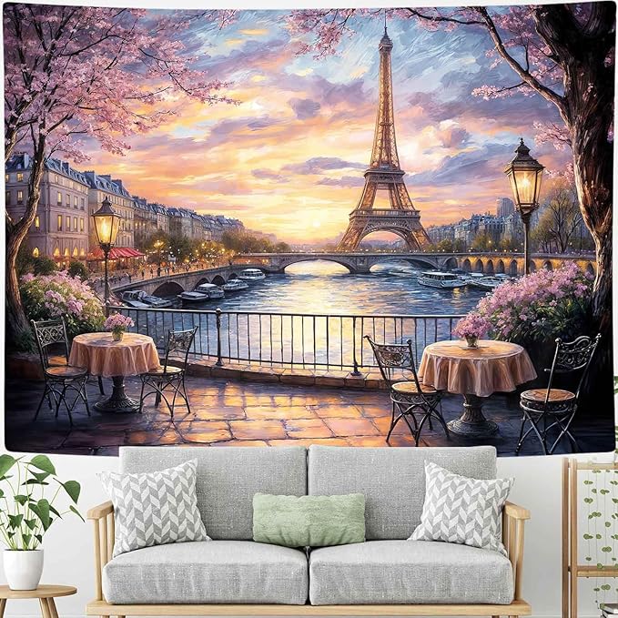 MCKTOM Eiffel Tower Tapestry French Landscape Paris Decor for Bedroom Living Room Dorm 60" X 40" Romantic City Scenery Wall Art Hanging Tapestries Party Decorations