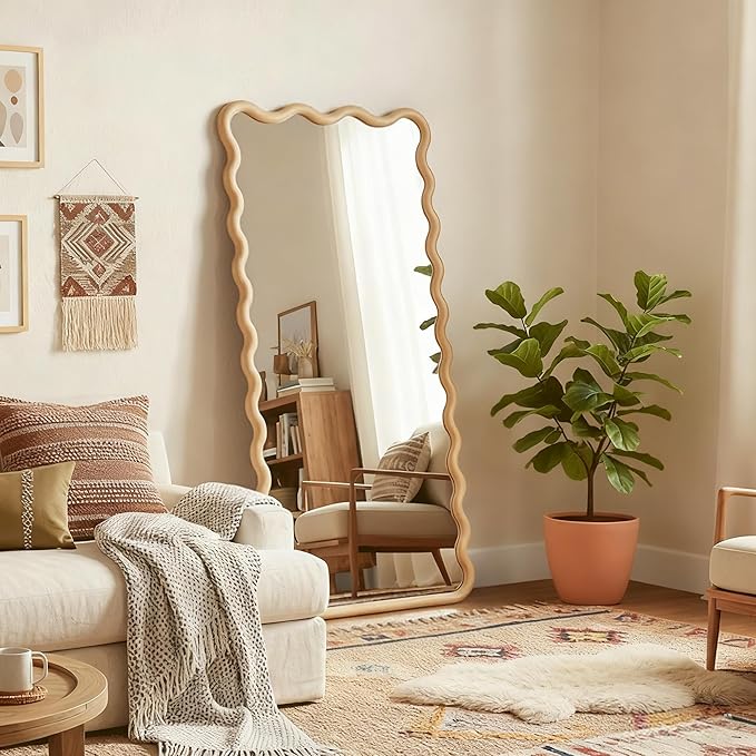 Full Length Mirror, 55"x28" Boho Wavy Wood Floor Mirror, for Bathroom, Bedroom, Living Room, Cloakroom, Entryway
