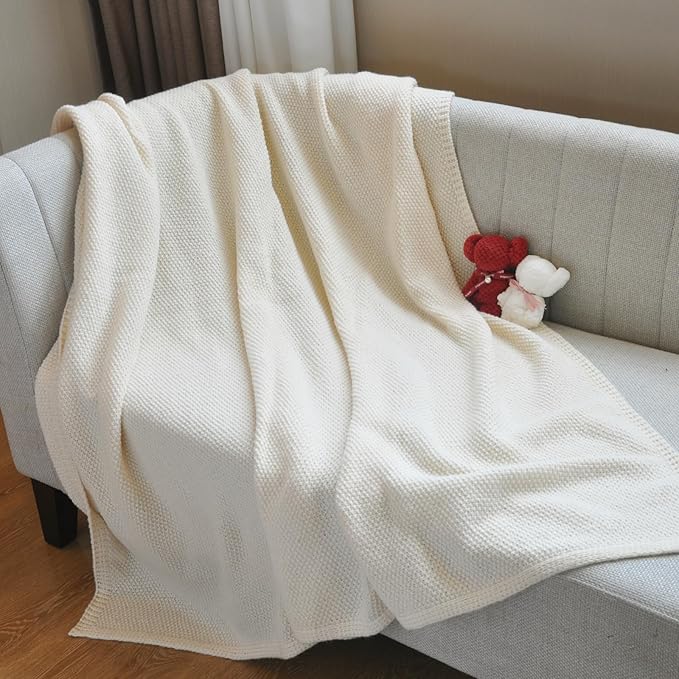 Knitted Full Size Throw Blanket - Lightweight Breathable Summer Soft Blanket of Polyester Imitation Cotton for Anti-Static,Luxury Throws for Bed, Couch and Sofa,Cream Cooling Throw Blanket