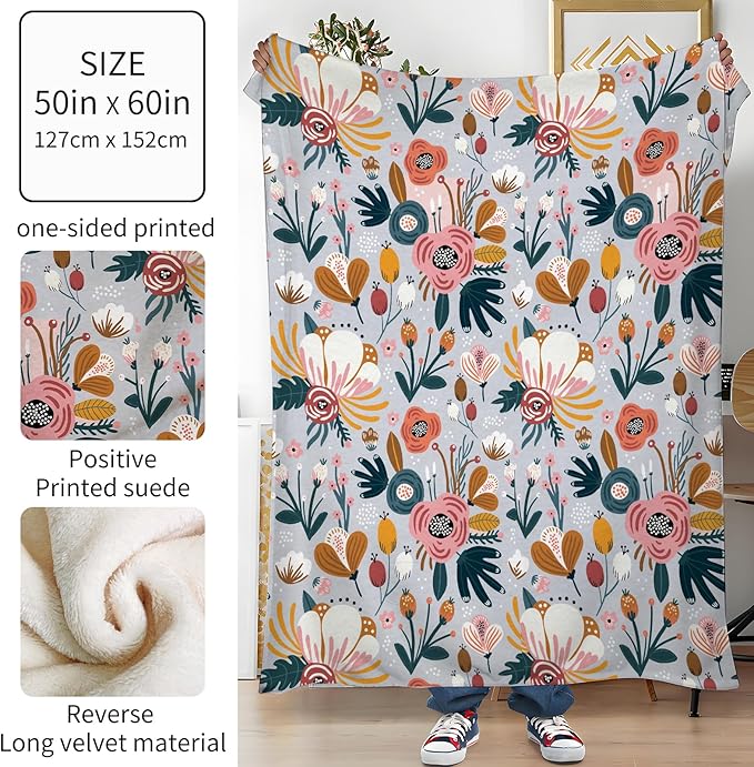 Throw Blanket for Couch, 300GSM Warm Soft Cozy Flannel Blanket, Cute Blanket for All Seasons Bedroom Home Decor Gifts, Cute Boho Flowers 50x60 Inches