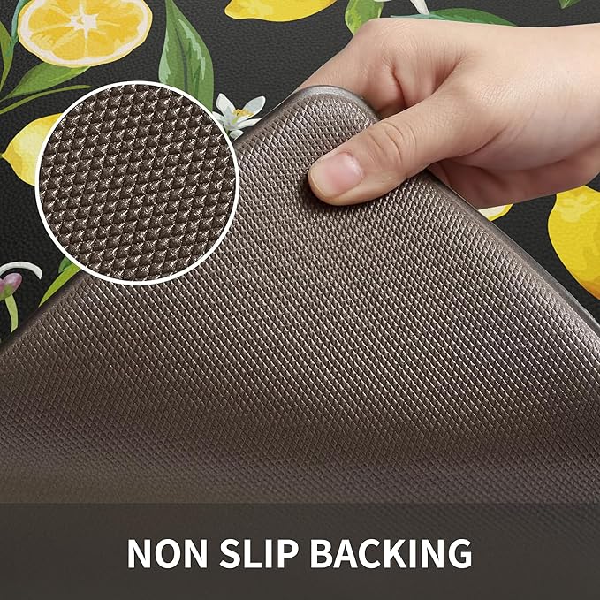 MAYHMYO Lemon Kitchen Mat Set of 2 - Anti Fatigue Mats for Kitchen Floor - Non Slip Cushioned Rugs for Standing - Lemon Decor (17.3"×29"+17.3"×47"-0.4") Black