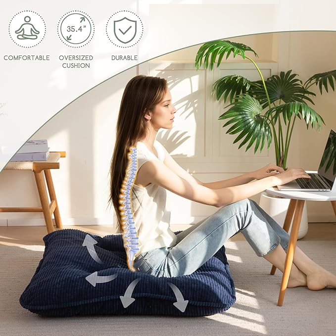 35" Washable Floor Pillow Cushion for Adults, Meditation Cushion Pillow, Extra Large Square Floor Sitting, Removable Tufted Corduroy Cover, for Tatami Living Room or Yoga, Navy, Machine Washable