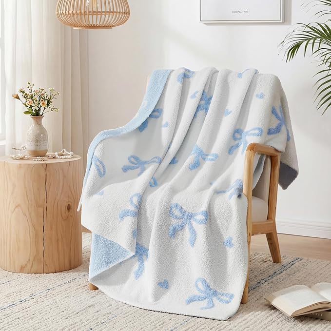 WRENSONGE Throw Blanket Bubble Bowknot Blue Soft Cozy Fluffy Warm Throw for Couch Sofa Bed Camping Picnic Travel Lightweight - 50"*60"