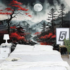 Atrippy Anime Japanese Wall Tapestry for Bedroom Aesthetic, Large Black Forest Moon Tapestry Wall Hanging, Vintage Nature Mountain Art Decor Tapestries Dark Landscape Backdrop for Living Room 60"X79"