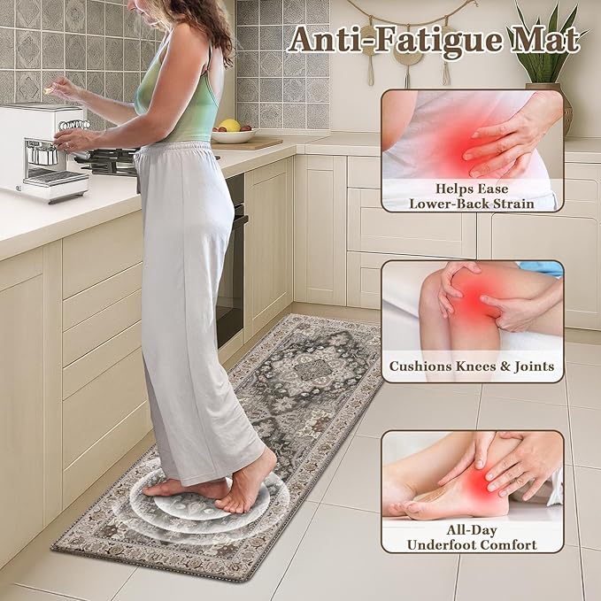 Arttown Kitchen Mats for Floor 2Pcs-Anti Fatigue Non Slip Mats for Kitchen Floor, Cushioned Waterproof & Stain-Resistant Boho Stripe Mat Set, Laundry Room, Office, Sink, Desk (Grey)