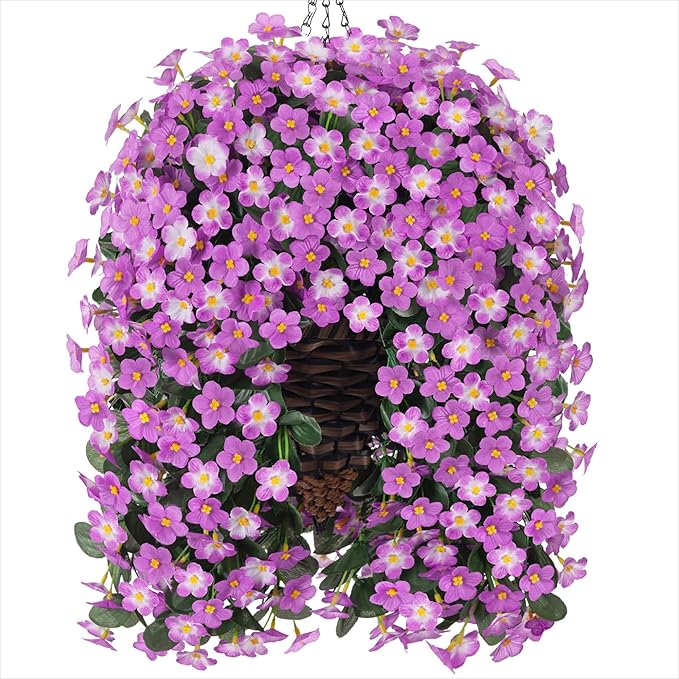 HyeFlora Artificial Fake Hanging Flowers with Basket for Outdoor Decoration,UV Resistant Faux Silk Daisy Flowers Light Fuchsia Orchid Vines in Planter Realistic Hanging Baskets for Home Porch Garden