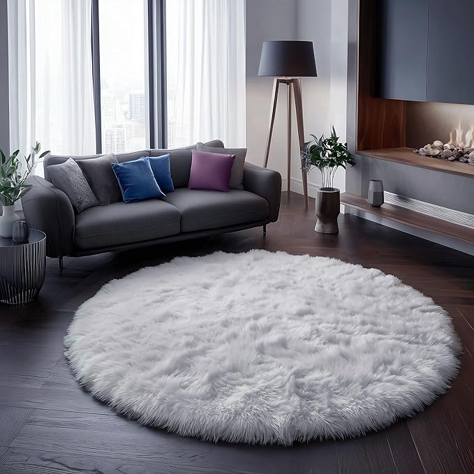 White Round Rug 6Ft for Bedroom, Circular Circle Area Rugs for Living Room, Large Soft Fluffy Shaggy Carpet for Teen Girls Boys, Kids Home Decor Aesthetic, Plush Throw Rugs for Dorm Nursery Playroom