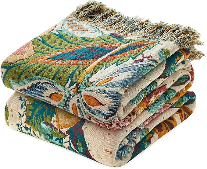 Boho Throw Blanket for Couch Sofa Chair Cotton Spring Blankets for Bedroom Living Room All Season Soft Lightweight Reversible Botanical Floral Embroidery Decorative Throws 50"x60" Home Decor