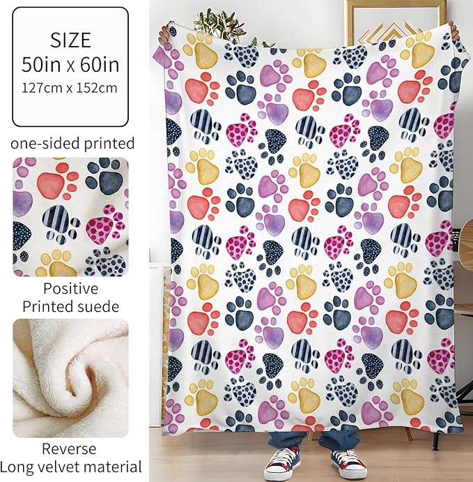 Throw Blanket for Couch, 300GSM Warm Soft Cozy Flannel Blanket, Cute Blanket for All Seasons Bedroom Home Decor Gifts, Colorful Dog Paws 50x60 Inches
