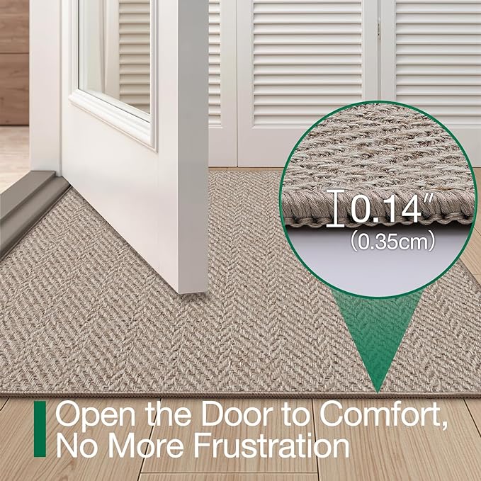 LUMI Ultra Thin Indoor Door Mat for Entrance 48"x72", Non Slip Entryway Mat, Low Profile Doormat, Unique Herringbone Design Carpet for Inside, Patio, Porch, Dark Beige