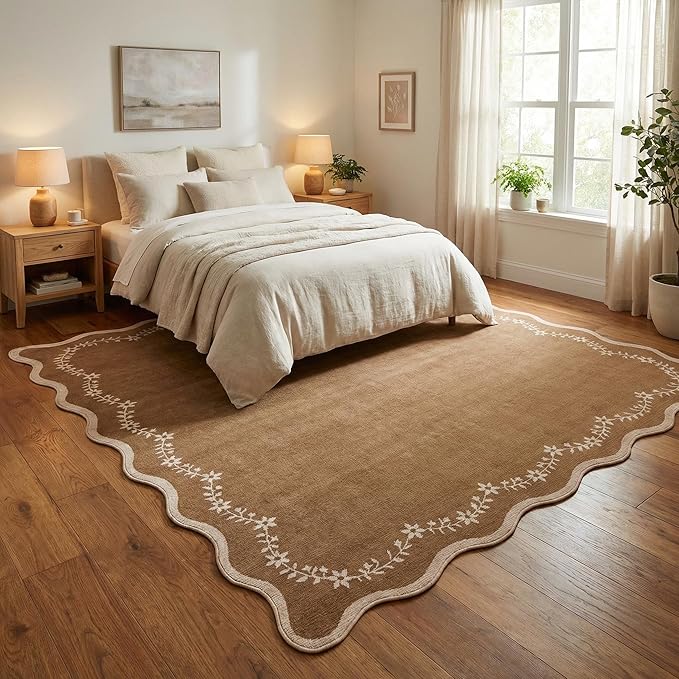 GarveeHome 6x9 Scalloped Area Rug Brown Washable Rugs for Living Room Bedroom, Soft Low Pile Non Slip Accent Floor Mat Solid Floral Print Throw Rug Farmhouse Indoor Carpet for Dorm Playroom
