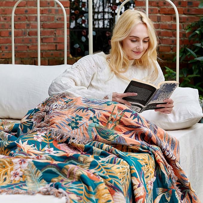 Boho Throw Blanket - 100% Cotton Ultra Soft Muslin Spring Blanket, 50"x60" Lightweight Floral Bird Framhouse Bedding Blanket for Bed, All Season Blue Bohemian Bedroom Home Decor Quilt