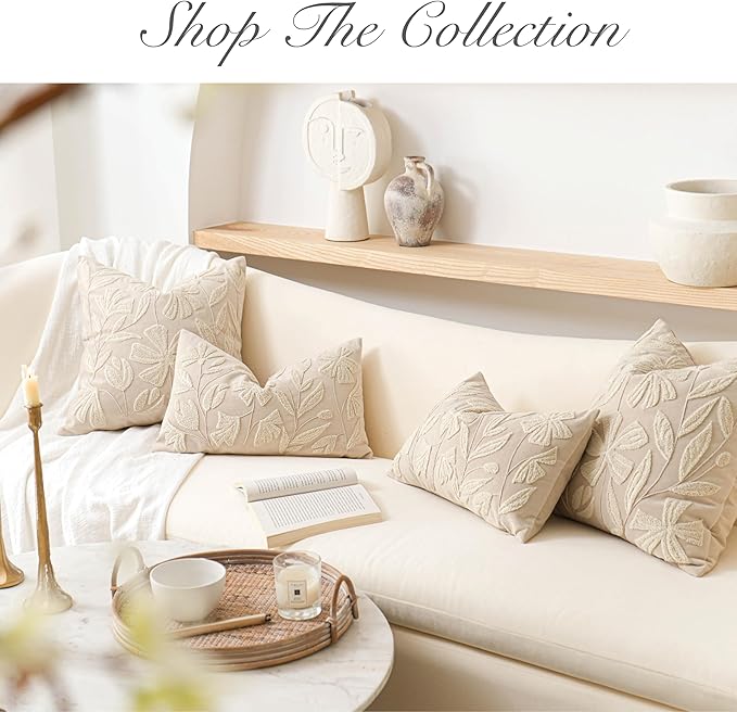 BlissBlush 20x20 Throw Pillow Cover, Square Neutral Beige Decorative Cushion Cover for Couch Sofa, Embroidered Velvet Farmhouse Accent Pillowcase (Cover Only)