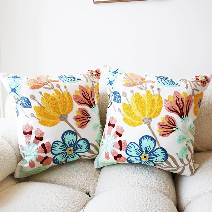 Embroidered Throw Pillow Cover Boho Floral Pillow Covers for Couch Sofa 3D Big Flowers Cotton Linen Bohemian Pillow Covers Multicolor Botanical Leaves 2PCS Pillowcase Covers 18x18 Inch