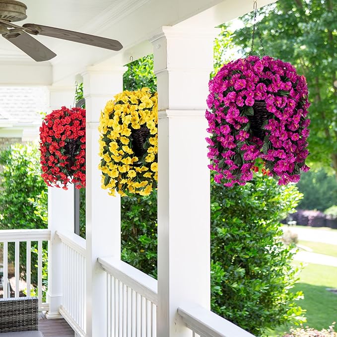 HyeFlora Artificial Fake Red Hanging Flowers Plants Baskets for Outdoor Winter Christmas, Faux Silk UV Resistant Look Real Morning Glory Vines for Outside Porch Patio Balcony Garden Yard Home Decor