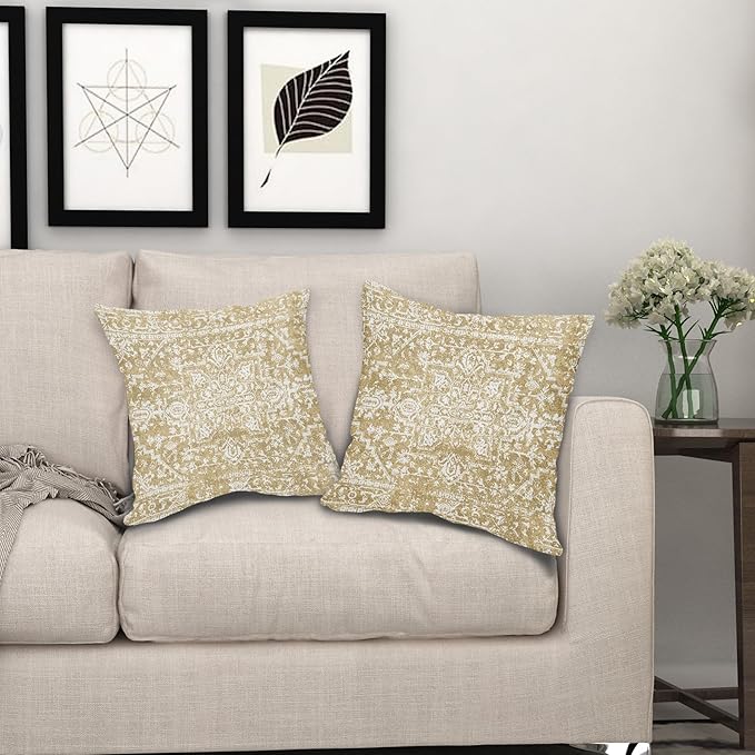 Tan Brown Gray Boho Throw Pillow Covers 16x16 Inch Decorative Square Bohemian Carpet Pattern Ethnic Pillow Cases Rustic Vintage Rug Cushion Covers Farmhouse Home Decor For Sofa Couch Outdoor Set of 2