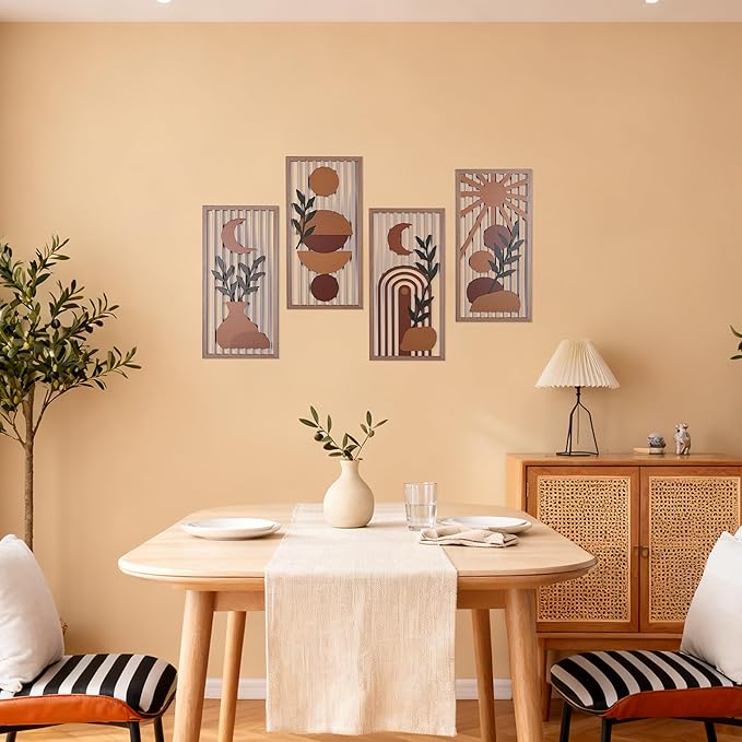 Orange Boho Wall Art Set of 4, Abstract Geometric Wooden Terracotta Wall Decor, Mid-Century Modern Aesthetic Artwork with Arch, Vase & Botanical Design for Modern Home Decor for Bedroom, Office & Living Room(B)