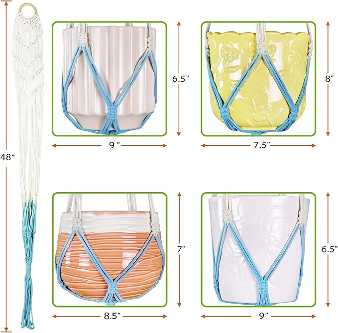 LIVALAYA Macrame Plant Hangers Wall Planter - Blue Ombre 48 Inch, for Indoor or Outdoor, 100% Cotton Rope Hanging Plant Holder with Tassel for Flower Pots and Succulents - Modern Boho Home Décor