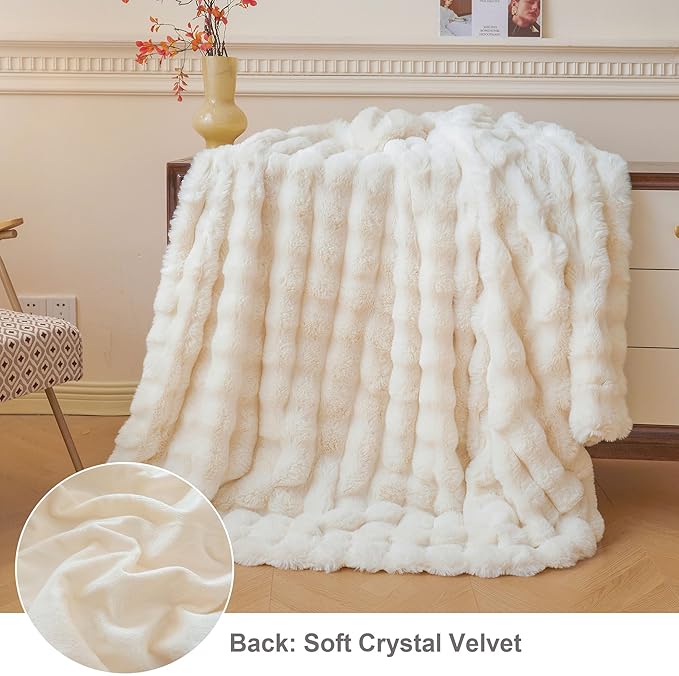 LIFEREVO Luxury Fluffy Faux Rabbit Fur Blanket, Plush Fuzzy Bubble Throw for Couch Sofa, Ivory Comfy Furry Bed Blanket Home Decoration, Aesthetic Shaggy Throw for Bedroom Living Room, 60x90, Beige