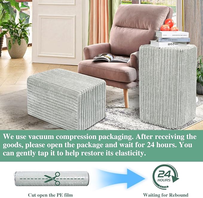 Rectangular Pouf Ottoman, Stuffed Floor Pouf with Foam Chunk Filling, Soft Coral Fleece Furry Foot Rest Stool, Multi-Use Ottoman for Living Room, Wide Stripe Boho Decor, Dark Gray