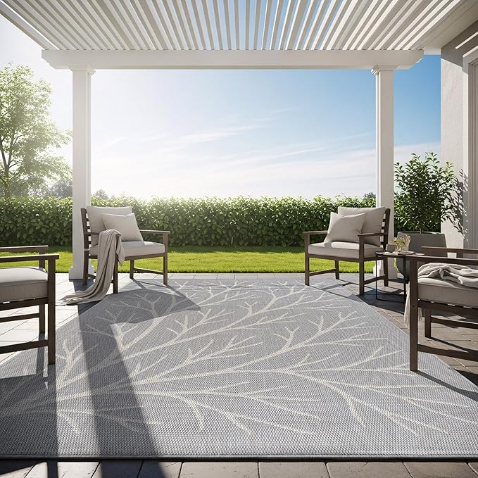 Washable Indoor Outdoor Rug 9x12 Modern Area Rugs Branch Pattern Non Shedding Waterproof Easy Clean Patio Deck Porch Living Room Bedroom Garden RV (9 X 12 Gray)