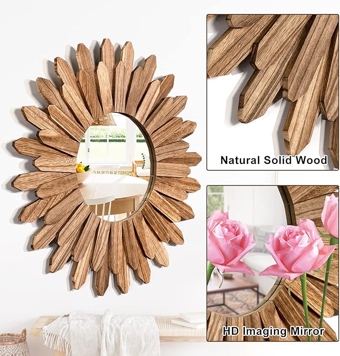 Emfogo Wall Mirror 21 inch Rustic Wood Sunburst Boho Mirror Wall Decor Home Decor for Bedroom Living Room Entryway Farmhouse (Carbonized Black)