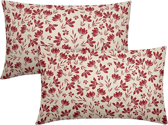 Red Floral Pillow Covers 12x20 Set of 2 Vintage Rustic Old Style Cute Small Flower Cream Print Rectangle Decorative Outdoor Pillowcases Fall Farmhouse Throw Cushion Case Couch Sofa Bed Decor