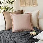 Foindtower Set of 2 Decorative Linen Fringe Throw Pillow Covers Boho Farmhouse Cushion Cover with Tassels Soft Accent Pillowcase for Couch Chair Sofa Bed Living Room Home Decor,16×16 Inch,Light Pink