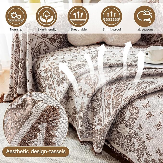 ROOMLIFE Brown Couch Covers for Sofa, Sofa Covers Washable Non Slip Furniture Protector Couch Sofa Covers for 3 Cushion Couch, Breathable Sofa Slipcovers Couch Cover Blanket with Tassels 71" X 150"