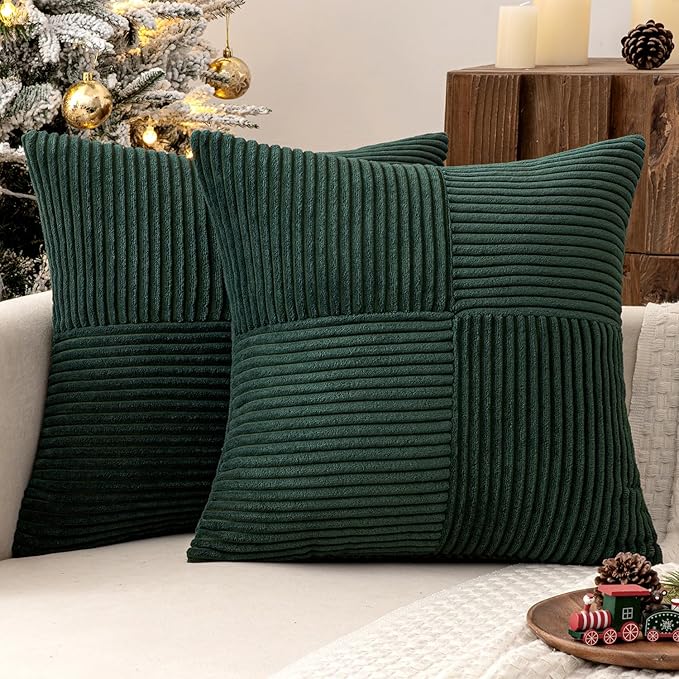 MIULEE Army Green Decorative Throw Pillow Covers 18x18 Inch for Couch Bed Sofa Pack of 2 Boho Farmhouse Throw Pillows Soft Cross Corduroy Patchwork Textured Cushion Cases