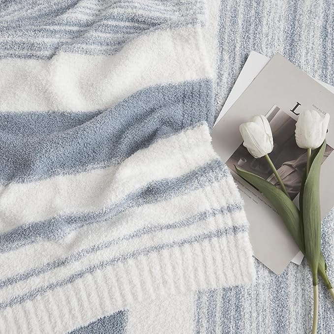 WRENGONGE Grey Blue Throw Blanket, 60x80 Soft Cozy Striped Throw Blankets for Couch, Sofa, Bed, Travel, Lightweight Fluffy Warm Plush Decorative Blankets for Women, Men Gift