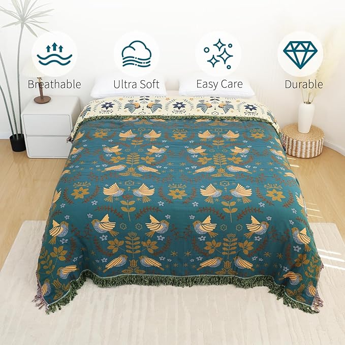 Boho Throw Blanket for Bed-100% Cotton Soft Breathable Farmhouse Decor Boho Quilt for Sofa Bed (Green Floral Bird, 90"x98")