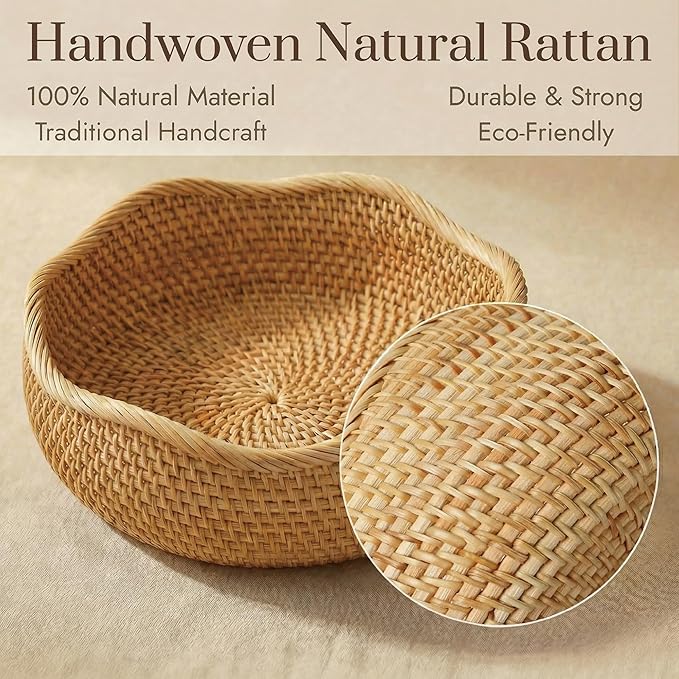10.2” Fruit Basket, Wicker Basket Rattan Fruit Bowls, Small Decorative Bread Baskets, Handwoven Storage Basket, Natural Woven Serving Bowls Kitchen Counter Organizing Dining Room Snack Vegetable