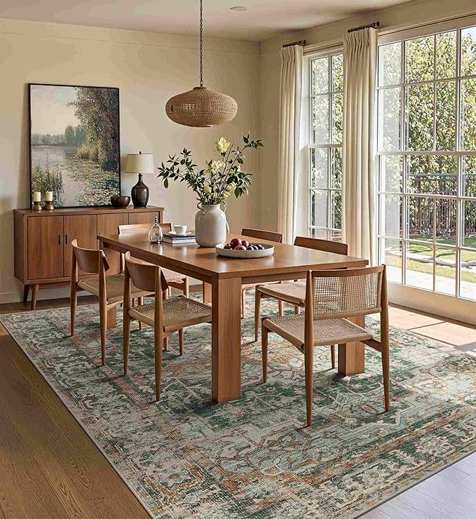5x7 Area Rugs for Living Room Bedroom, Washable Rug, Green Vintage Retro Boho Rug, Non Slip & Low Pile Faux Wool Thin Carpet for Indoor Dining Room and Kids Room(Green/Brown 5x7ft)