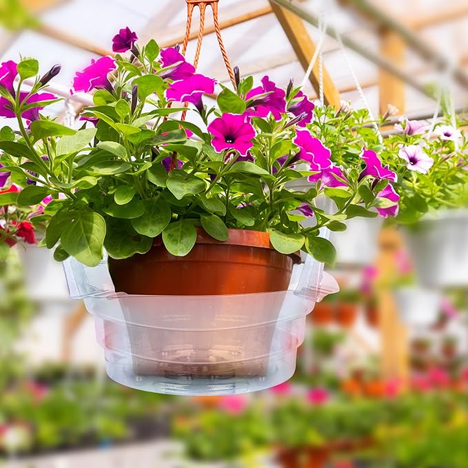 Miuwauer 15 Pack of 10-inch Hanging Basket Water Catcher Plastic Hanging Plant Drip Pan Tray Plastic Saucers Liners for Indoor Outdoor Hanging Plants Baskets Flower Pots - Clear, Round