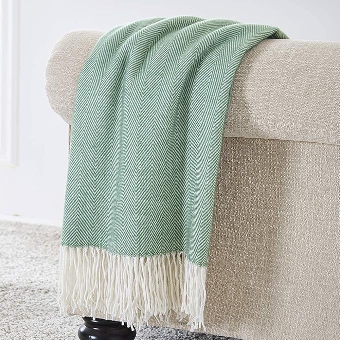 BOURINA Herringbone Tone Throw Blanket Faux Cashmere Fringe Soft Lightweight Cozy for Bed Couch Decorative Throws Blanket, Green, 50" x 60"