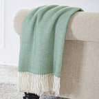 BOURINA Herringbone Tone Throw Blanket Faux Cashmere Fringe Soft Lightweight Cozy for Bed Couch Decorative Throws Blanket, Green, 50" x 60"